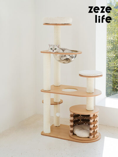 Cream Mat Wood Cat Tree - Modern Cat Tree