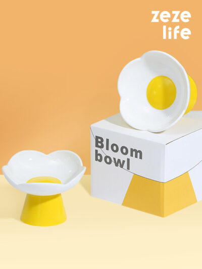 White Flower Ceramic Elevated Cat Bowl