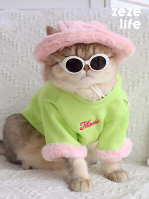 Ropa de gato verde con bolsa rosa