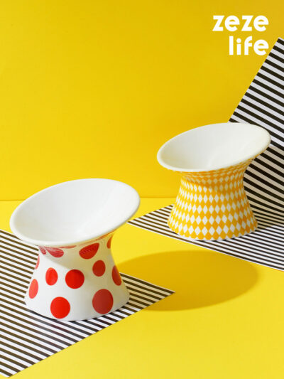 Polka Dot & Rhombus Elevated Cat Bowls