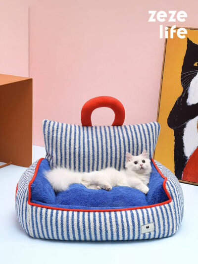 Charming Blue Striped Cat Couch