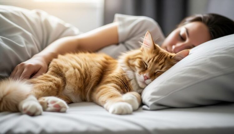 A fluffy ginger cat sleeping peacefully on a pillow next to its owner in bed. image