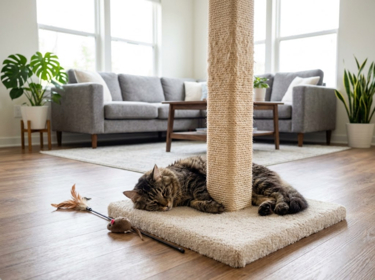 large-cat-satisfied-beside-durable-scratching-post image