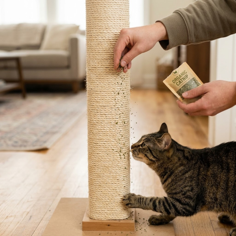 encouraging-cat-to-use-new-sisal-scratching-post image