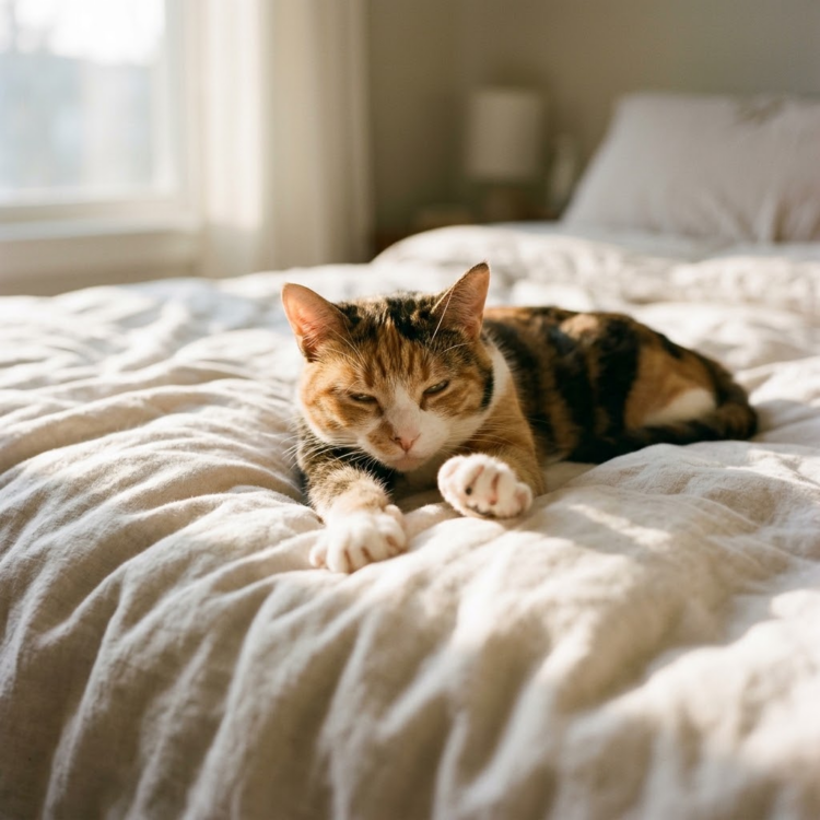 relaxed-cat-kneading-comfortable-bedding image